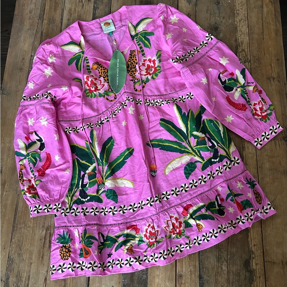 FARM Rio Hot Pink Tropical Mini Dress with Green & Yellow Accents